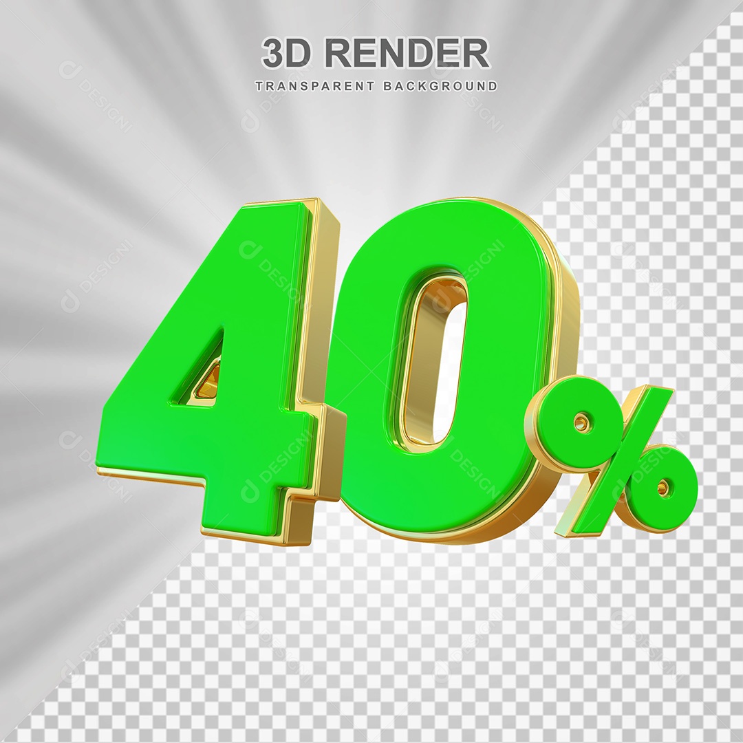 Elemento 3D Número 40% Verde com Dourado Para Composição PSD