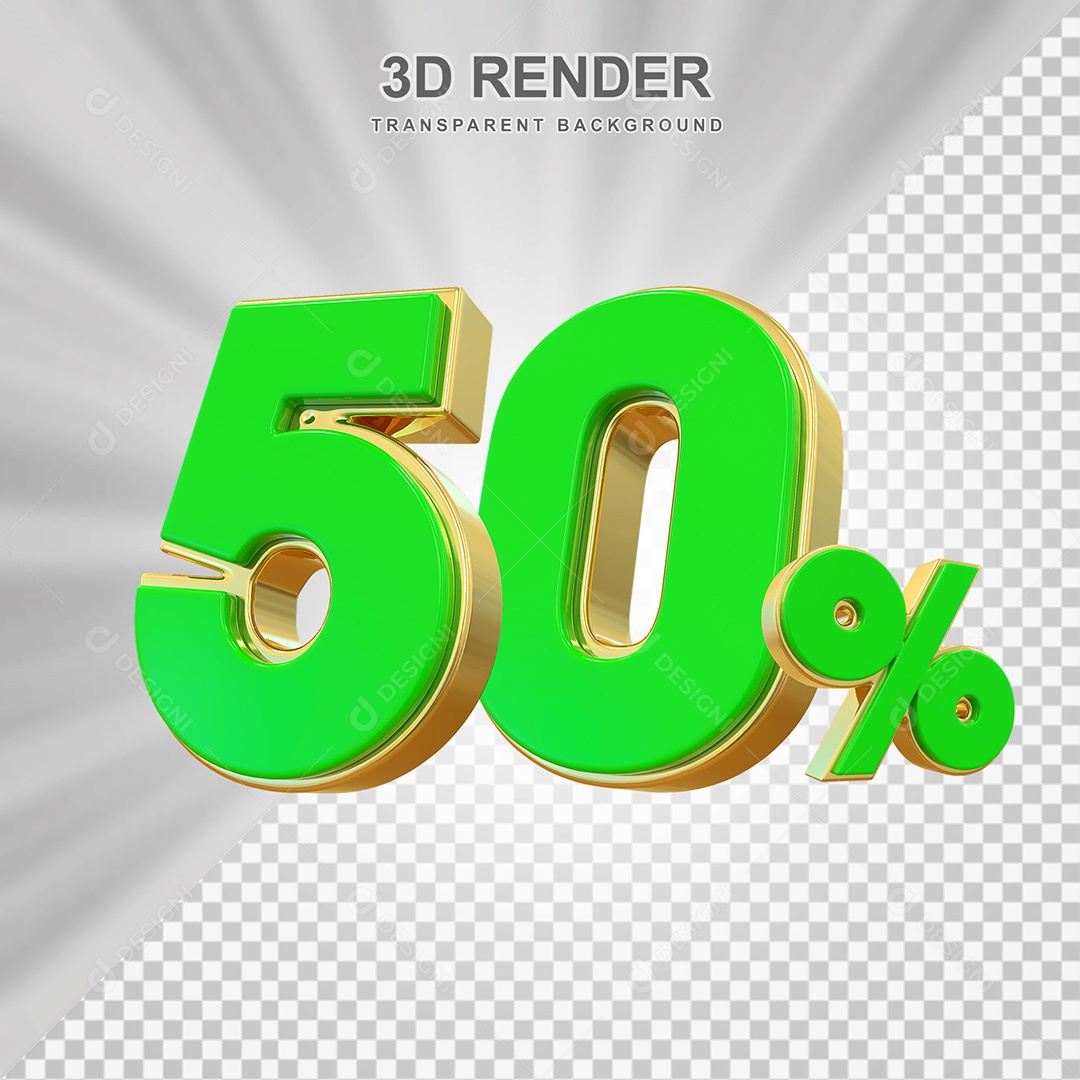 Elemento 3D Número 50% Verde com Dourado Para Composição PSD