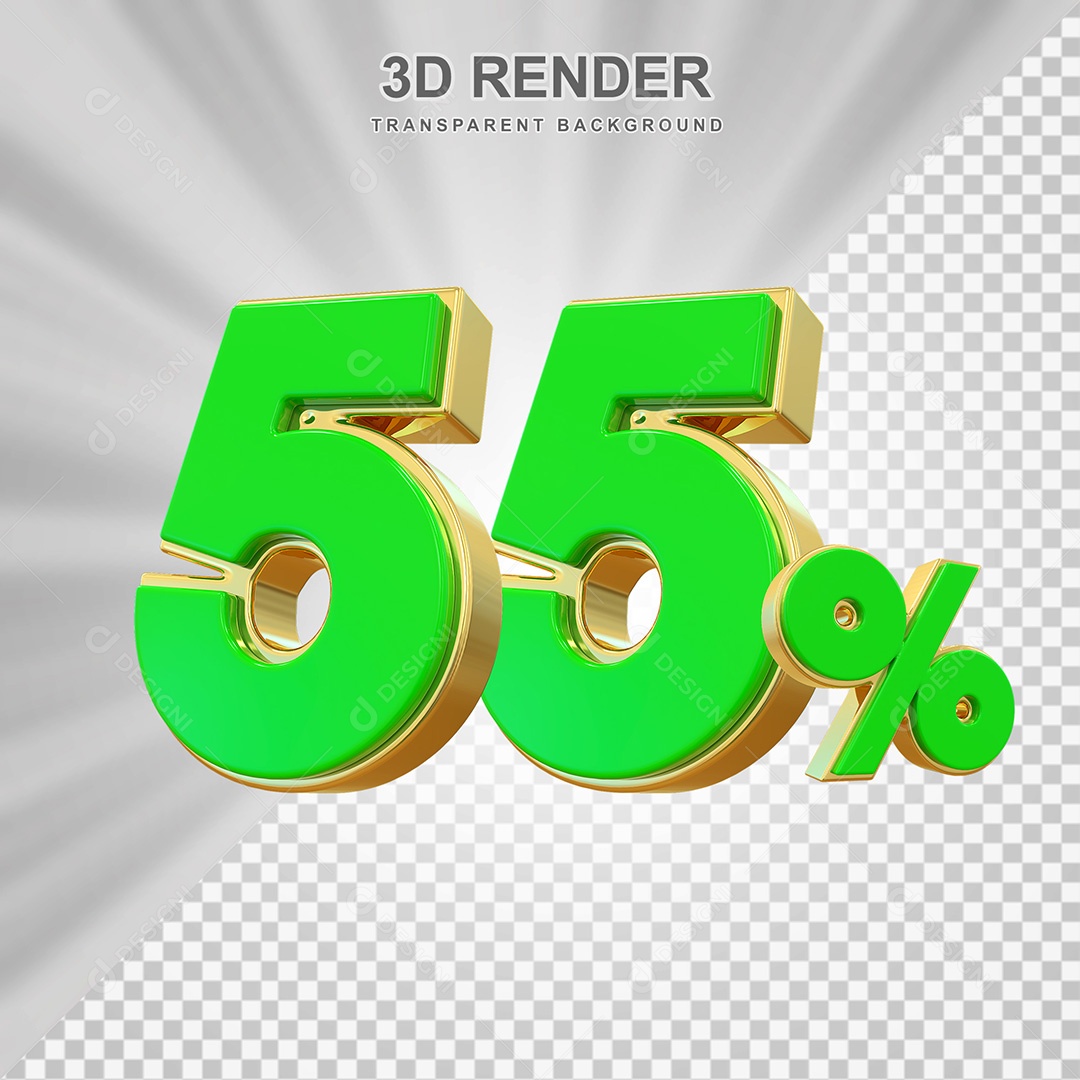 Elemento 3D Número 55% Verde com Dourado Para Composição PSD