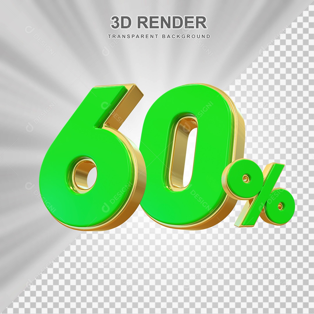 Elemento 3D Número 60% Verde com Dourado Para Composição PSD