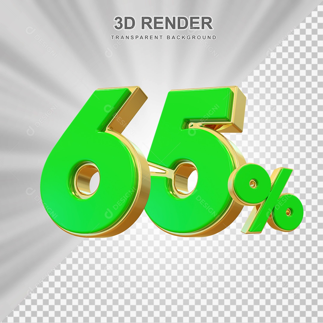 Elemento 3D Número 65% Verde com Dourado Para Composição PSD