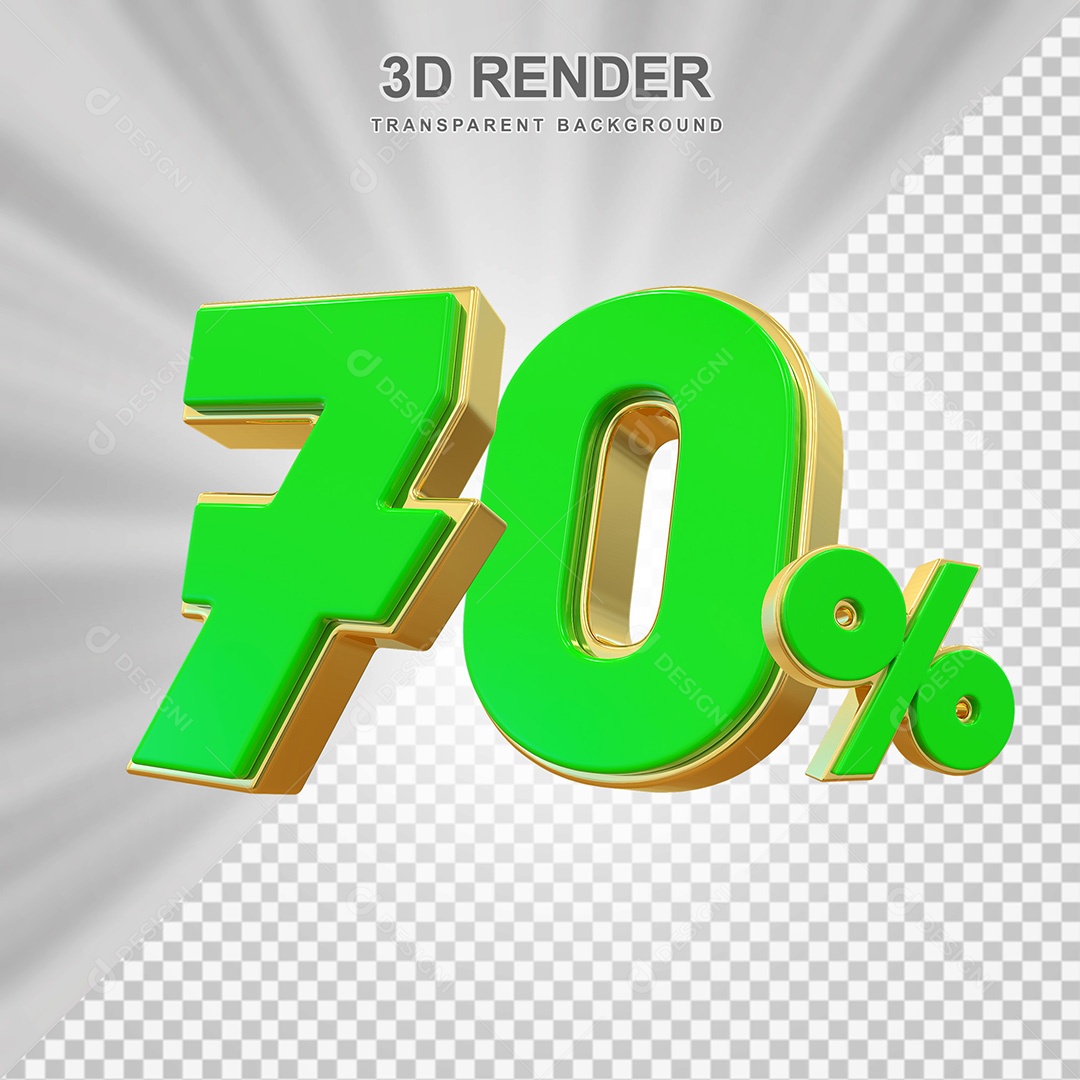 Elemento 3D Número 70% Verde com Dourado Para Composição PSD