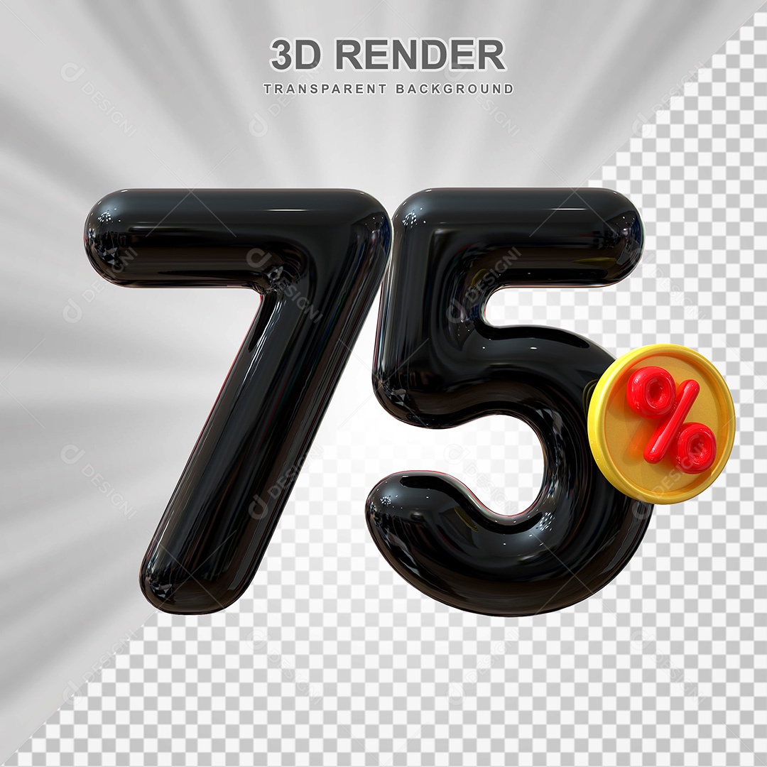 Elemento 3D Número 75% Preto Para Composição PSD