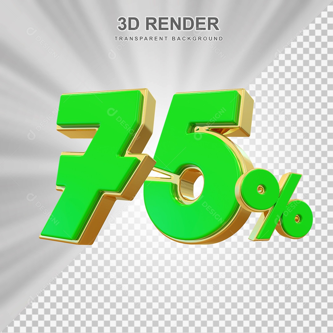 Elemento 3D Número 75% Verde com Dourado Para Composição PSD