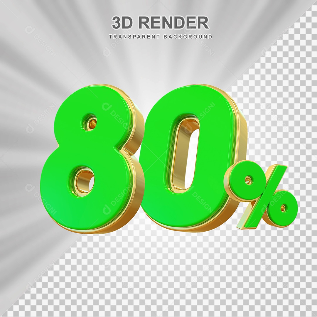 Elemento 3D Número 80% Verde com Dourado Para Composição PSD