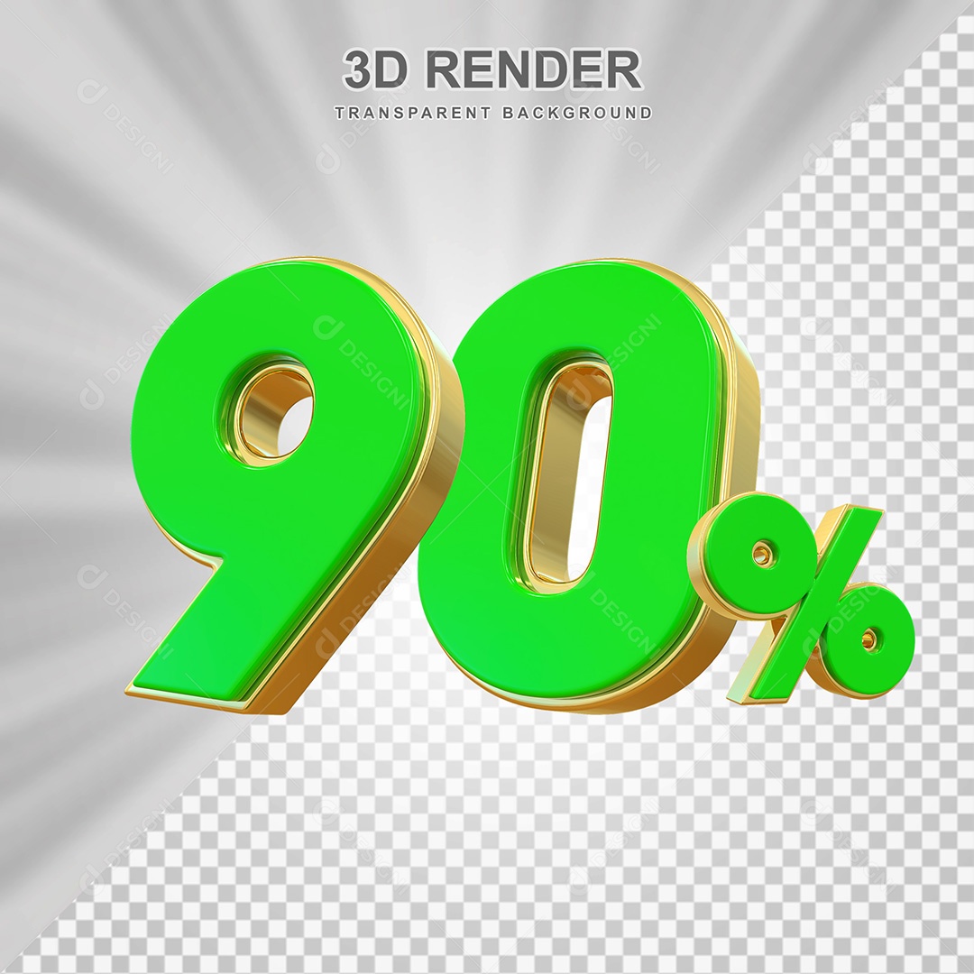 Elemento 3D Número 90% Verde com Dourado Para Composição PSD