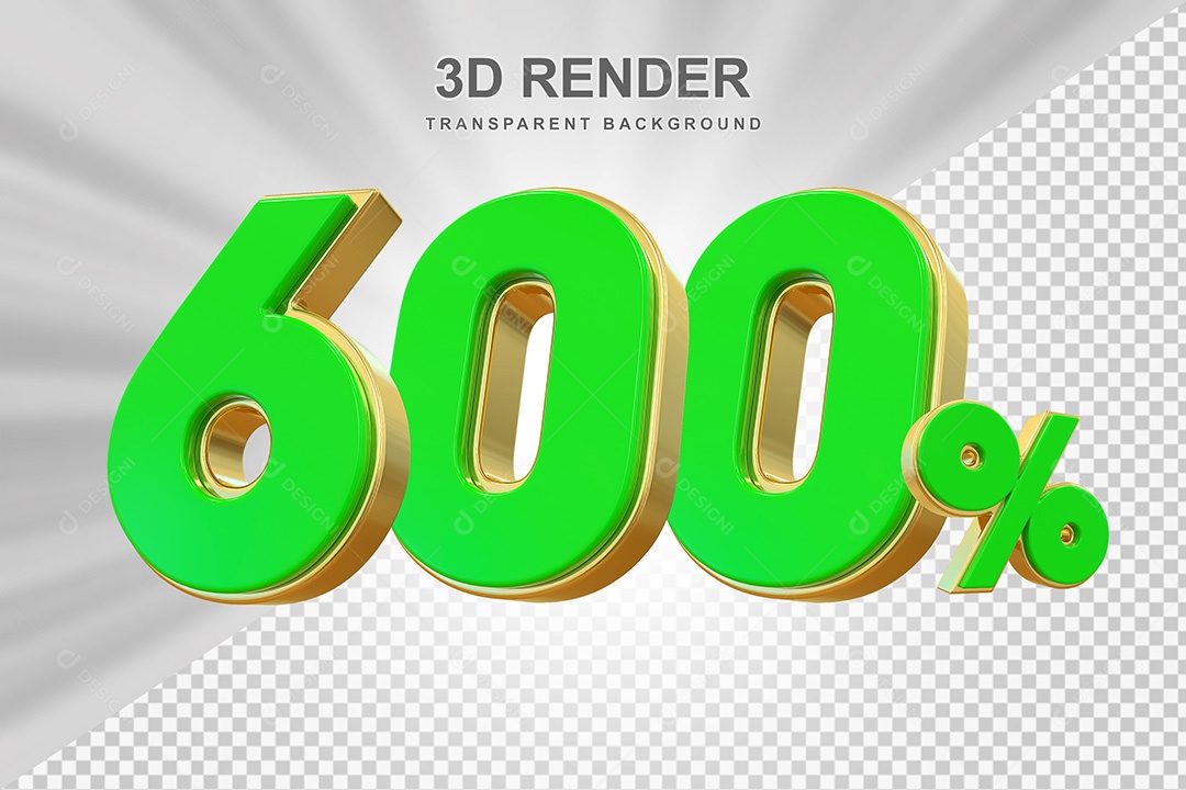 Elemento 3D Número 600% Verde com Dourado Para Composição PSD