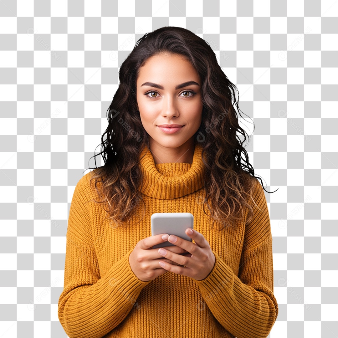 Mulher com Suéter Amarelo Usando Celular PNG Transparente
