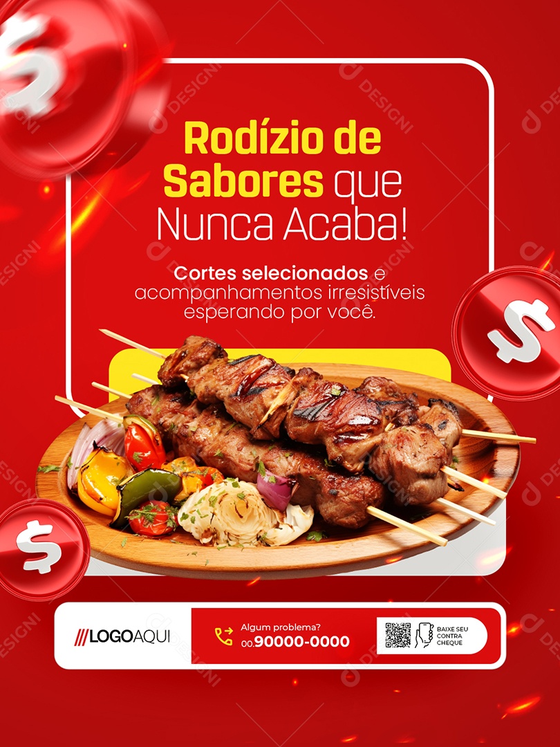 Churrascaria Rodízio de Sabores Que Nunca Acaba Social Media PSD Editável
