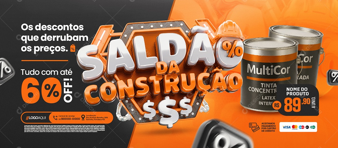 Banner Saldão da Construção Tudo com Até 60% Off Social Media PSD Editável