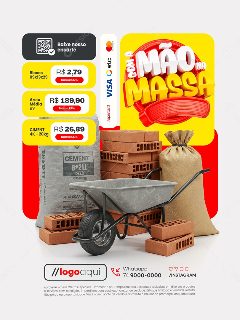 Com a Mão na Massa Construção Blocos Areia e Cimento Social Media PSD Editável