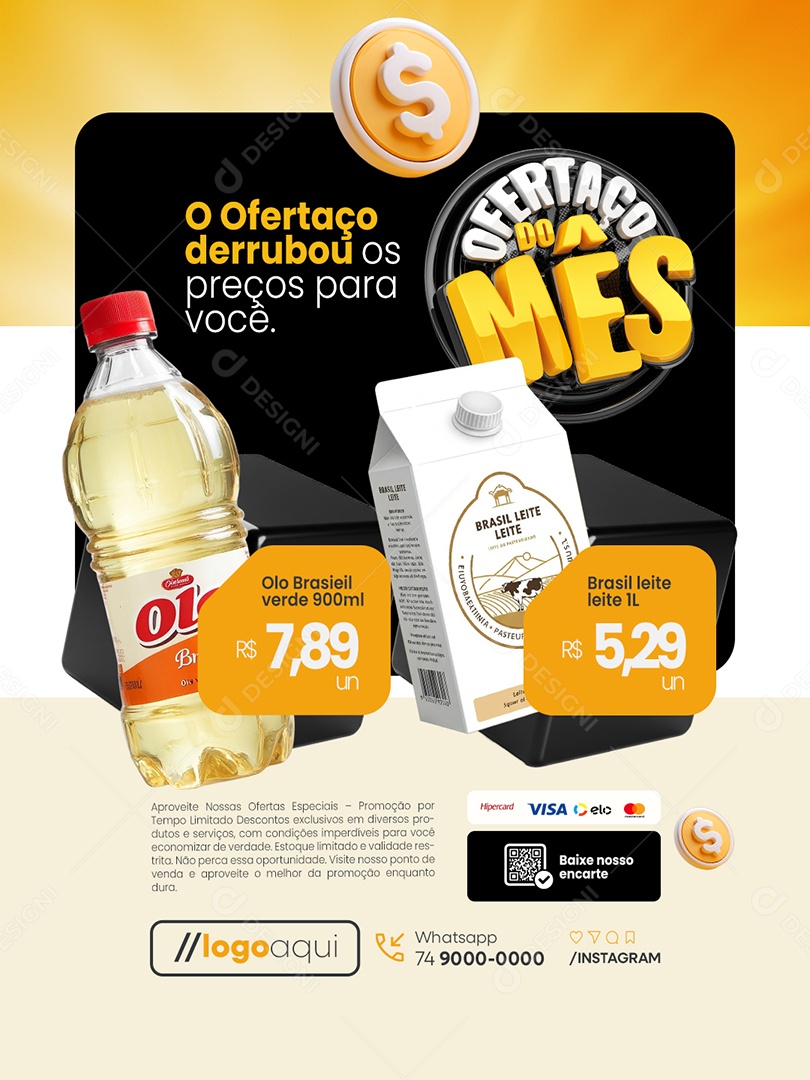 Ofertaço do Mês Supermercado Óleo Caixa de Leite Social Media PSD Editável