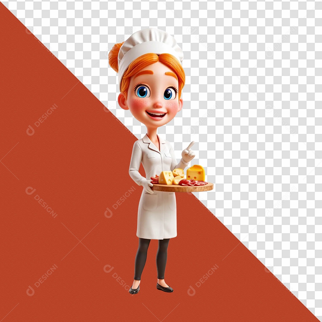 Personagem 3D Chef Conzinheira Segurando Prato com Comida para Composição PSD
