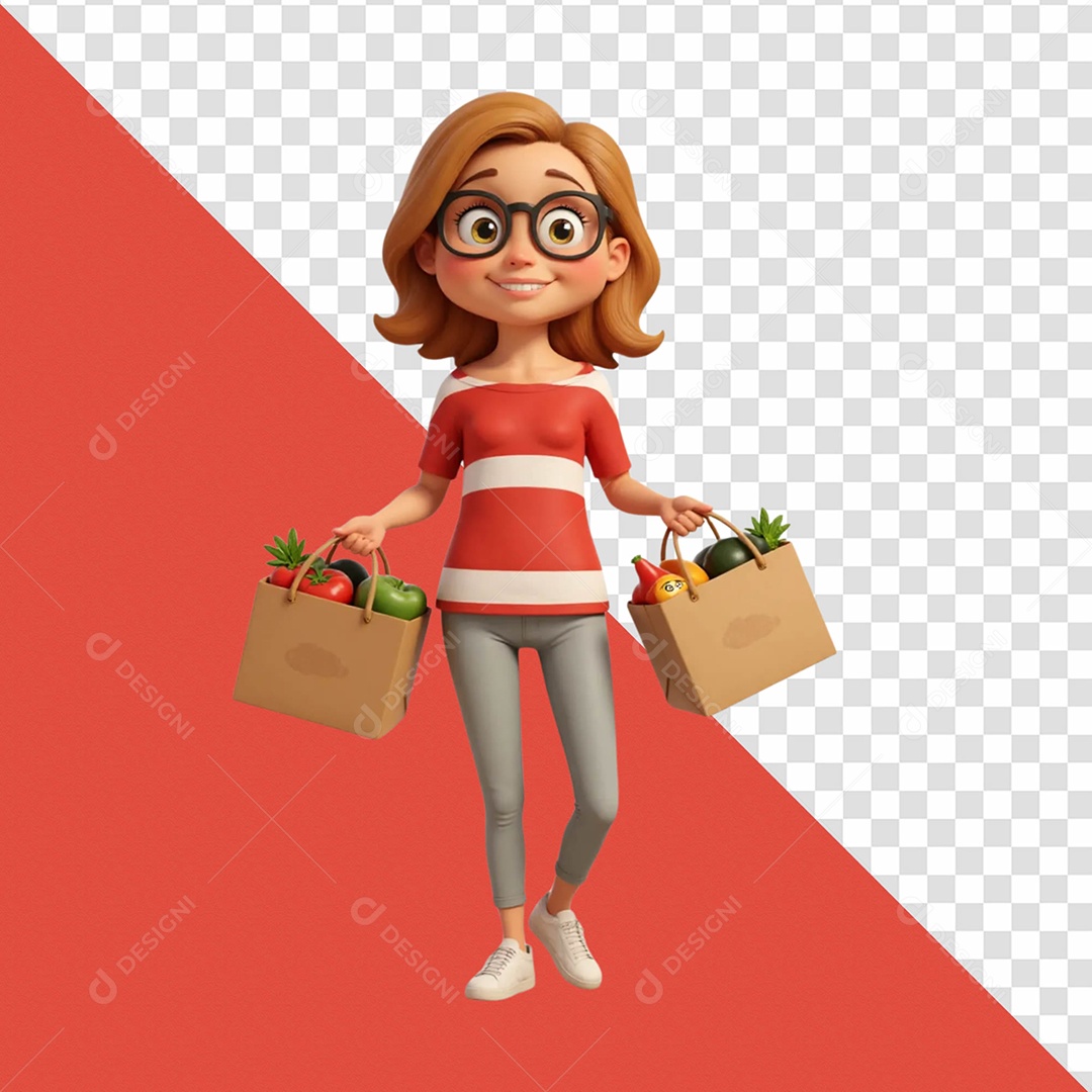 Personagem Segurando sacola Hortifruti Selo 3D Para Composição PSD