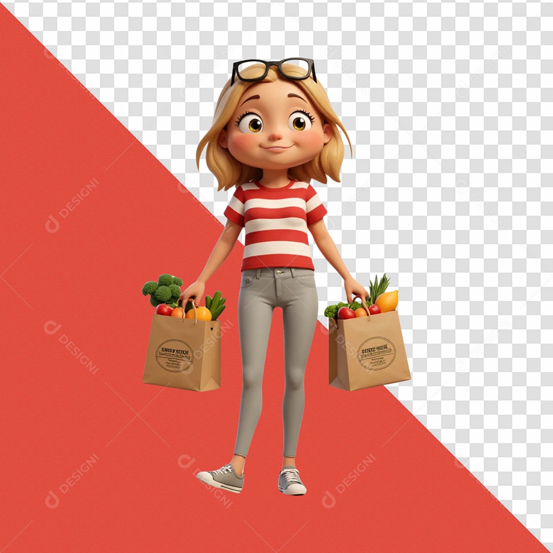 Personagem 3D Segurando Sacola Hortifruti Para Composição PSD