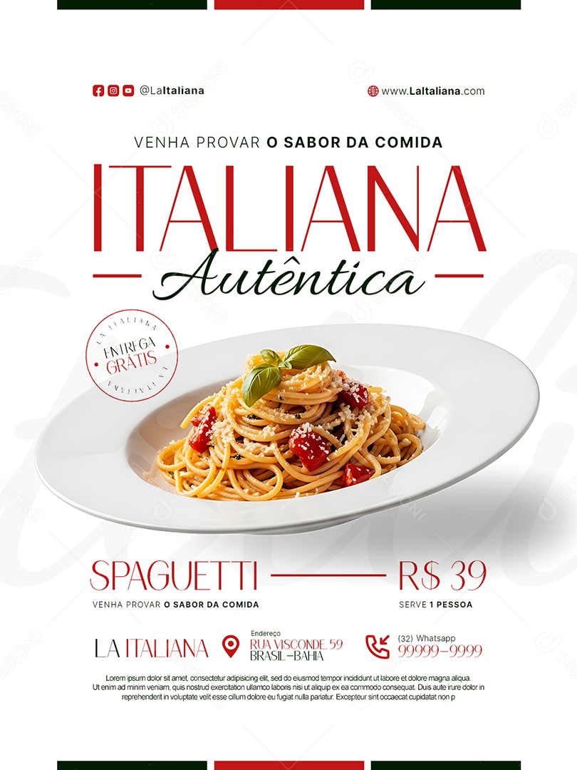 Restaurante Venha Provar o Sabor da Comida Italiana Autêntica Social Media PSD Editável