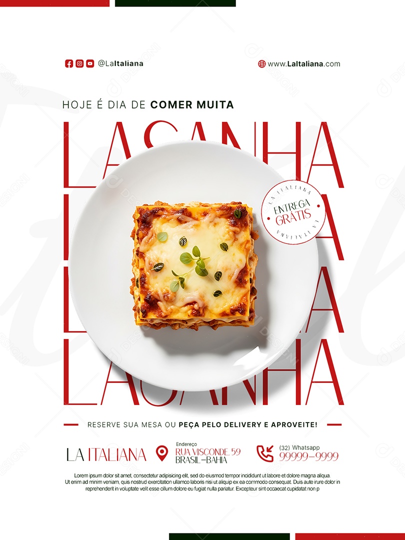 Restaurante Hoje é Dia de Comer Muita Lasanha Social Media PSD Editável