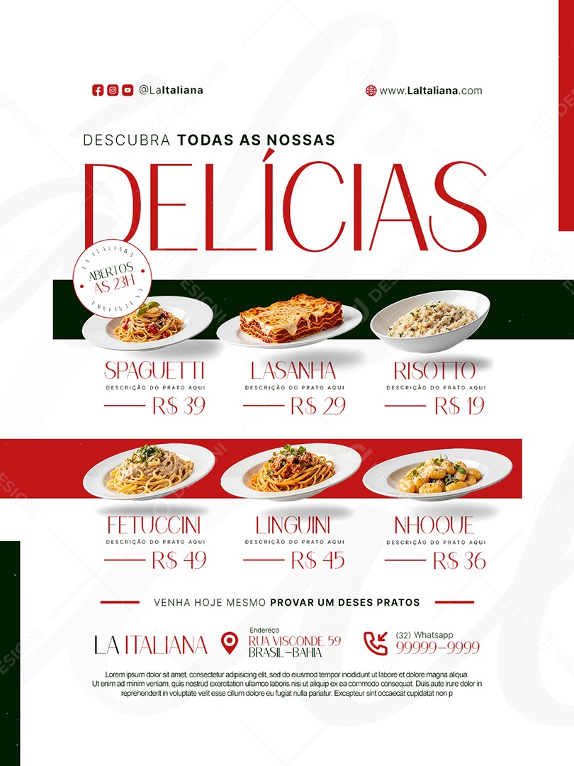 Restaurante Descubra Todas as Nossas Delícias Spaguetti Lasanha Rissotto e Nhoque Social Media PSD Editável