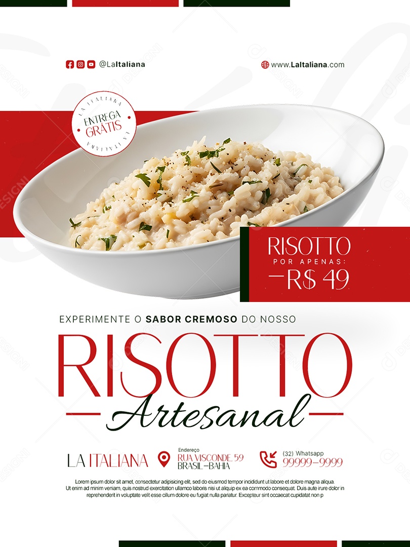 Restaurante Italiano Experimente o Sabor Cremoso do Nosso Risotto Social Media PSD Editável