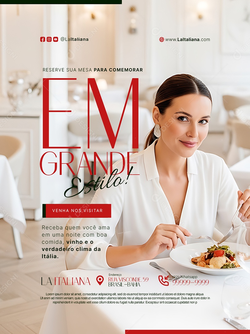 Restaurante Italiano Reserve sua Mesa para Comemorar em Grande Estilo Social Media PSD Editável
