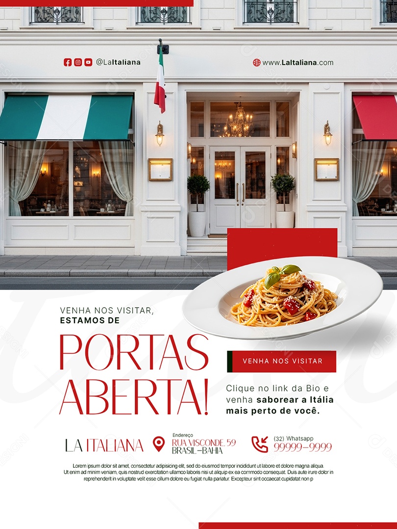 Restaurante Italiano Venhas nos Visitar Estamos de Portas Aberta Social Media PSD Editável