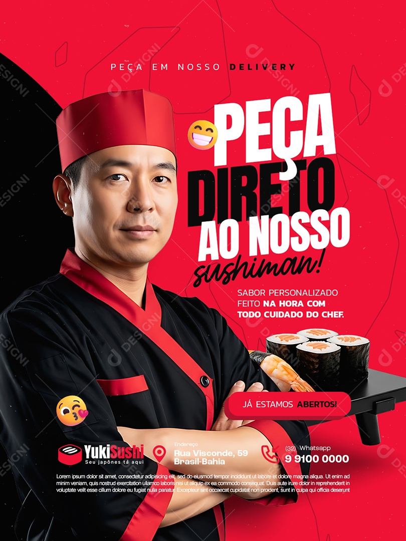 Restaurante Japonês Peça Direto ao Nosso Sushiman Social Media PSD Editável