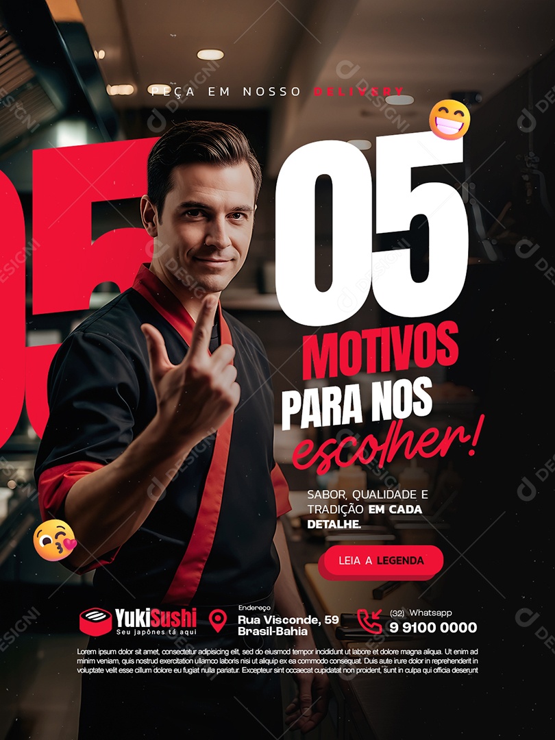 Restaurante Japonês Cinco Motivos para Nos Escolher Social Media PSD Editável