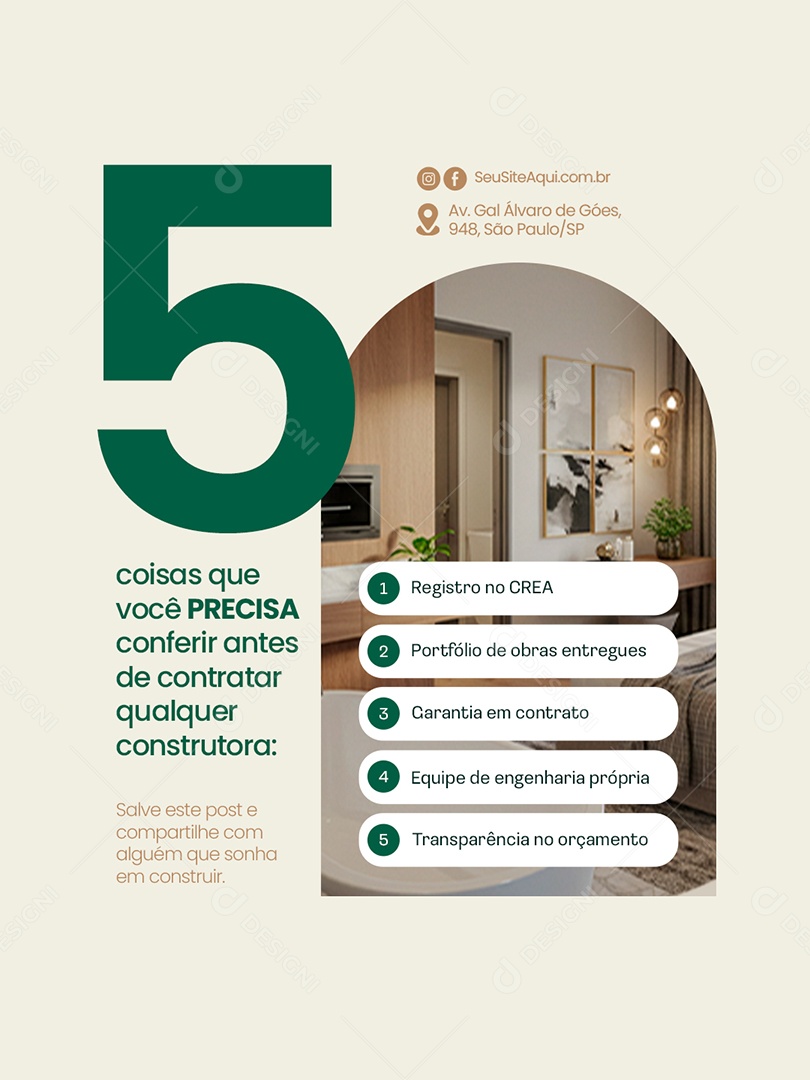 Construtora Cinco Coisas Que Você Precisa Conferir Social Media PSD Editável