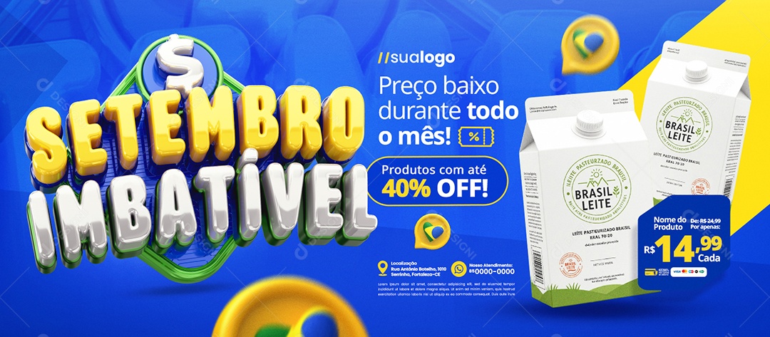 Banner Setembro Imbatível Supermercado Preço Baixo Caixa de Leite Social Media PSD Editável