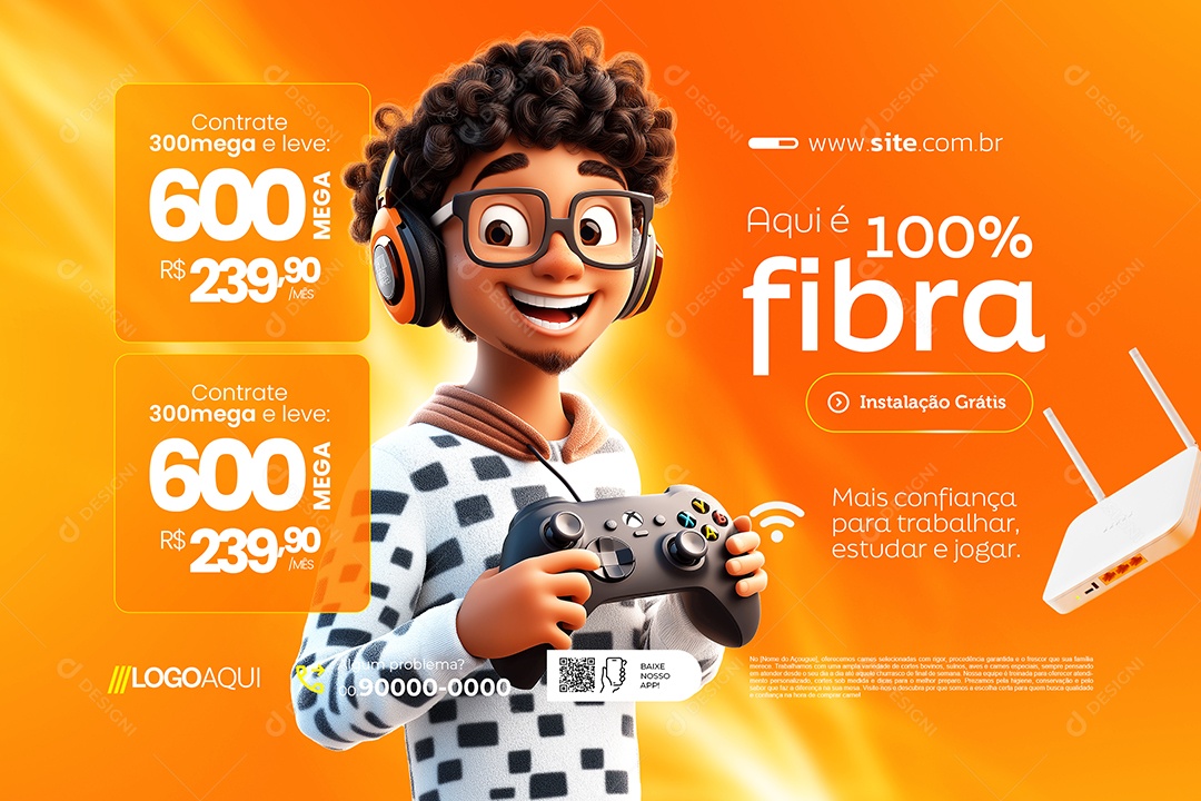 Banner Provedor de Internet Aqui é 100% Fibra Social Media PSD Editável