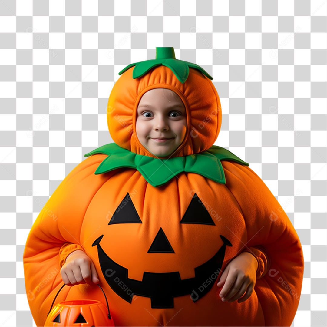 Criança com Fantasia de Abóbora Halloween PNG Transparente