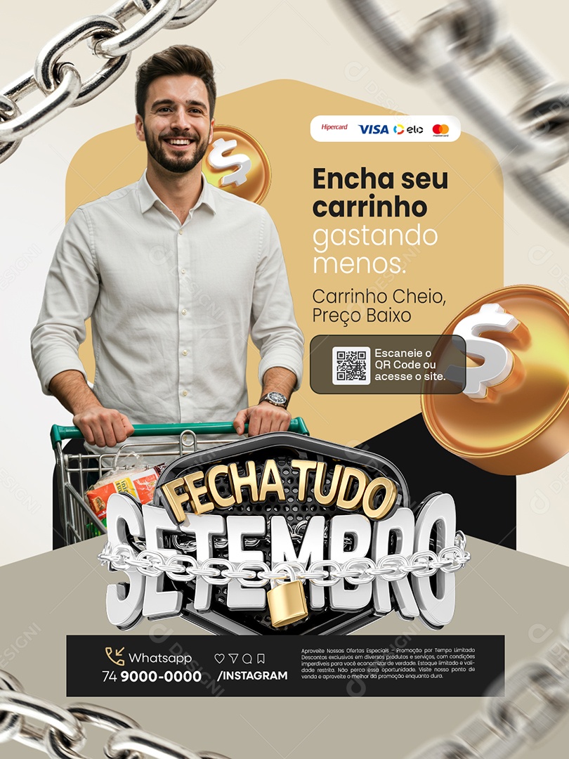 Fecha Tudo Setembro Supermercado Encha seu Carrinho Social Media PSD Editável