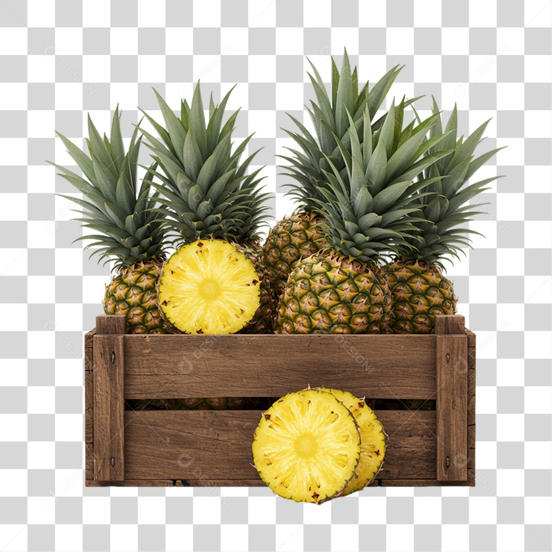 Caixa de Madeira com Abacaxis PNG Transparente