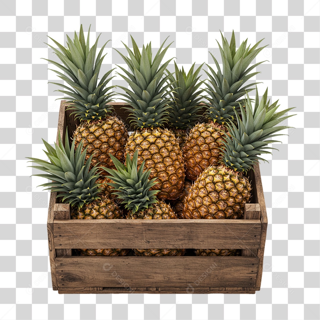 Caixa de Madeira com Abacaxis PNG Transparente