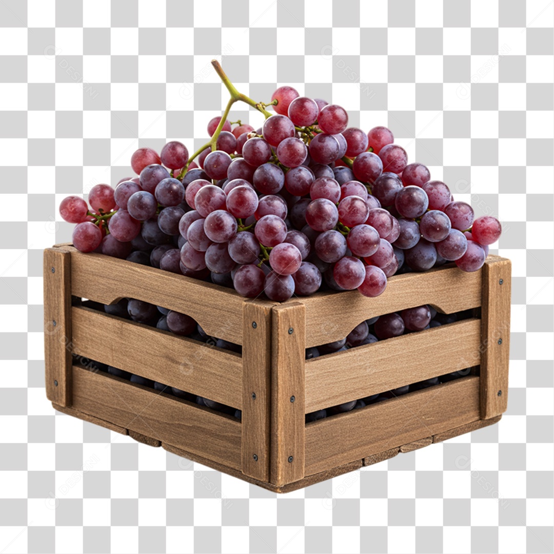 Caixa de Madeira com Cachos de Uvas PNG Transparente