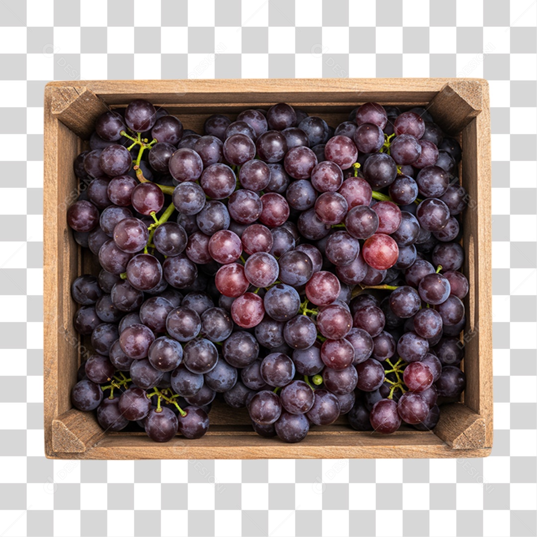 Caixa de Madeira com Cachos de Uvas PNG Transparente