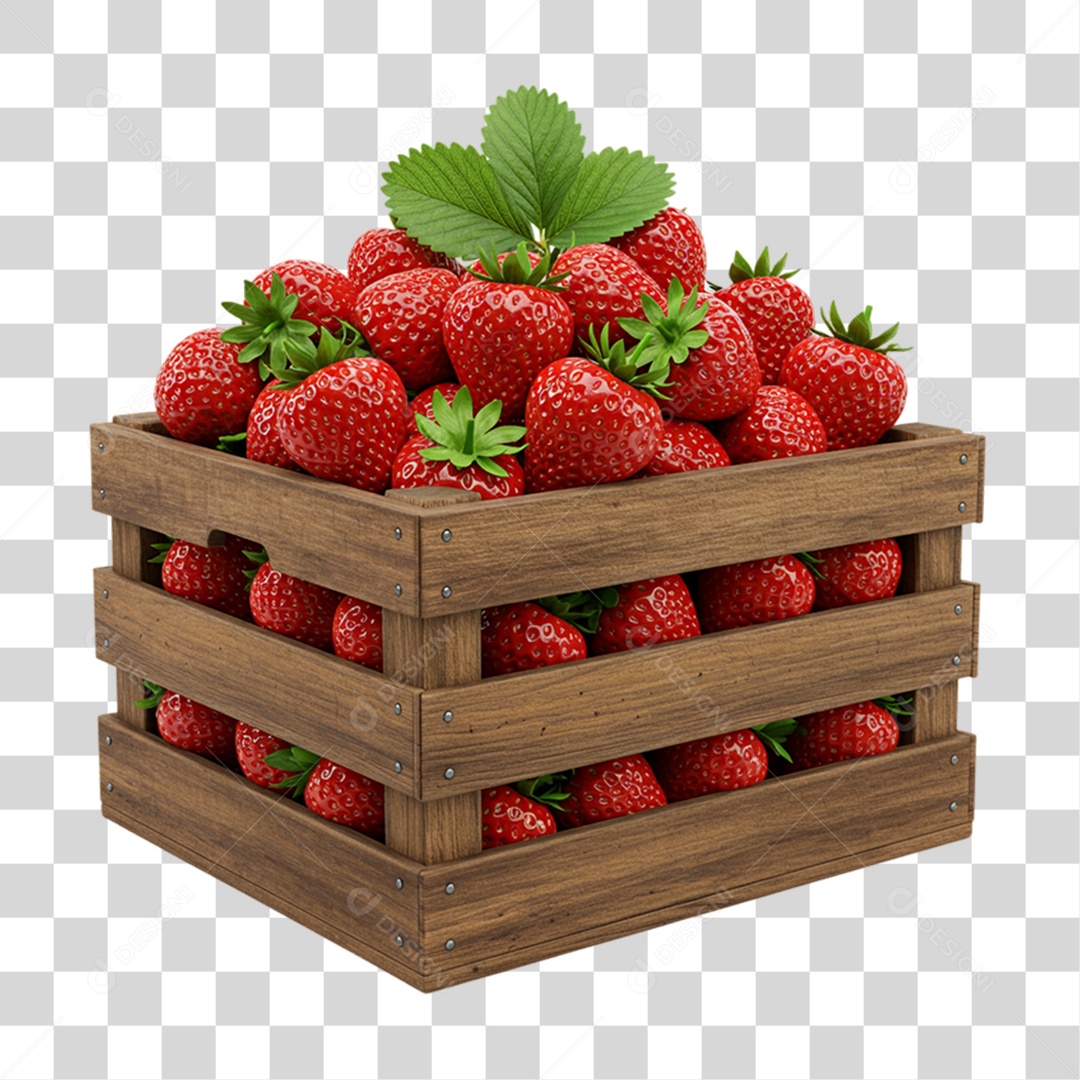 Caixa de Madeira com Morangos PNG Transparente