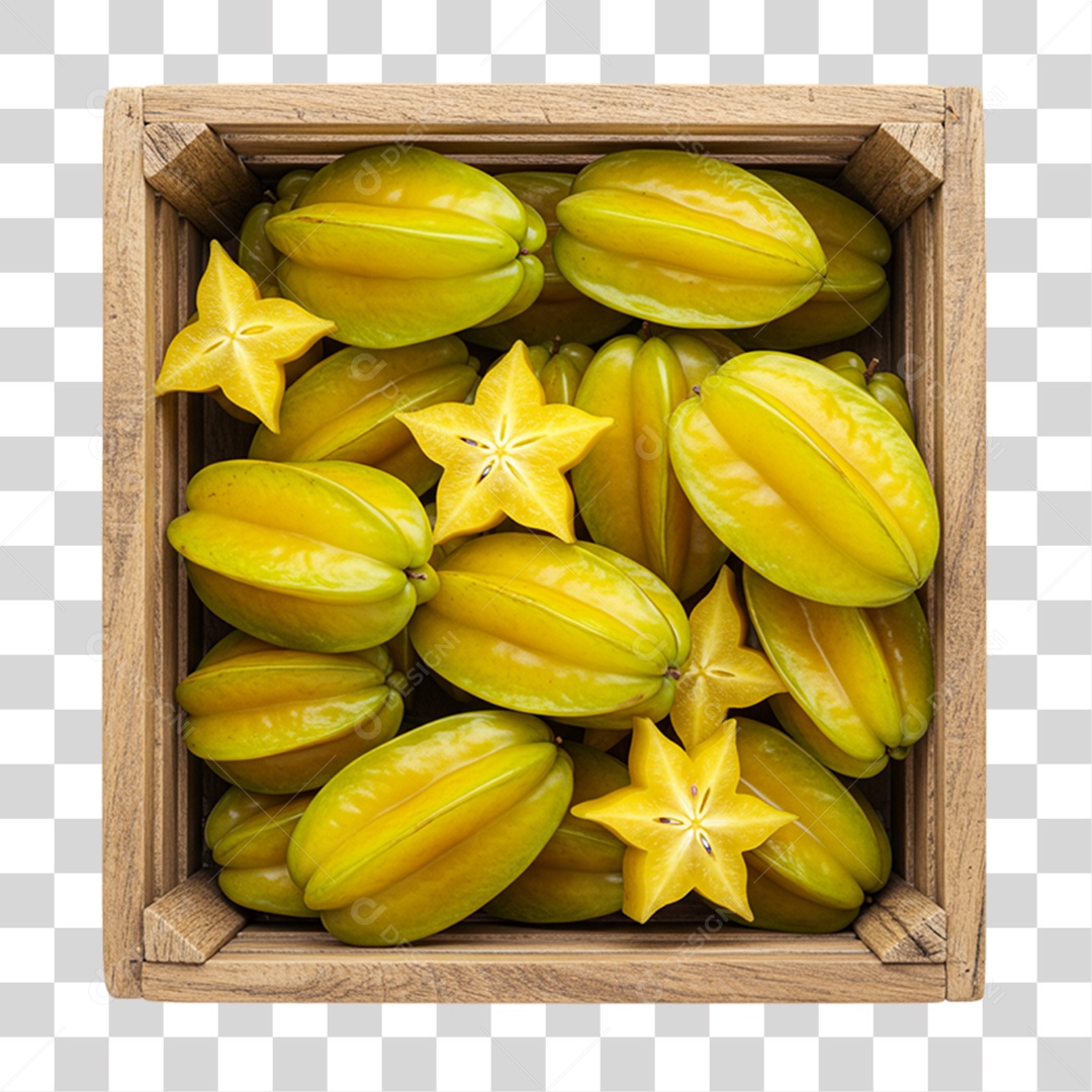 Caixa de Madeira com Carambolas PNG Transparente