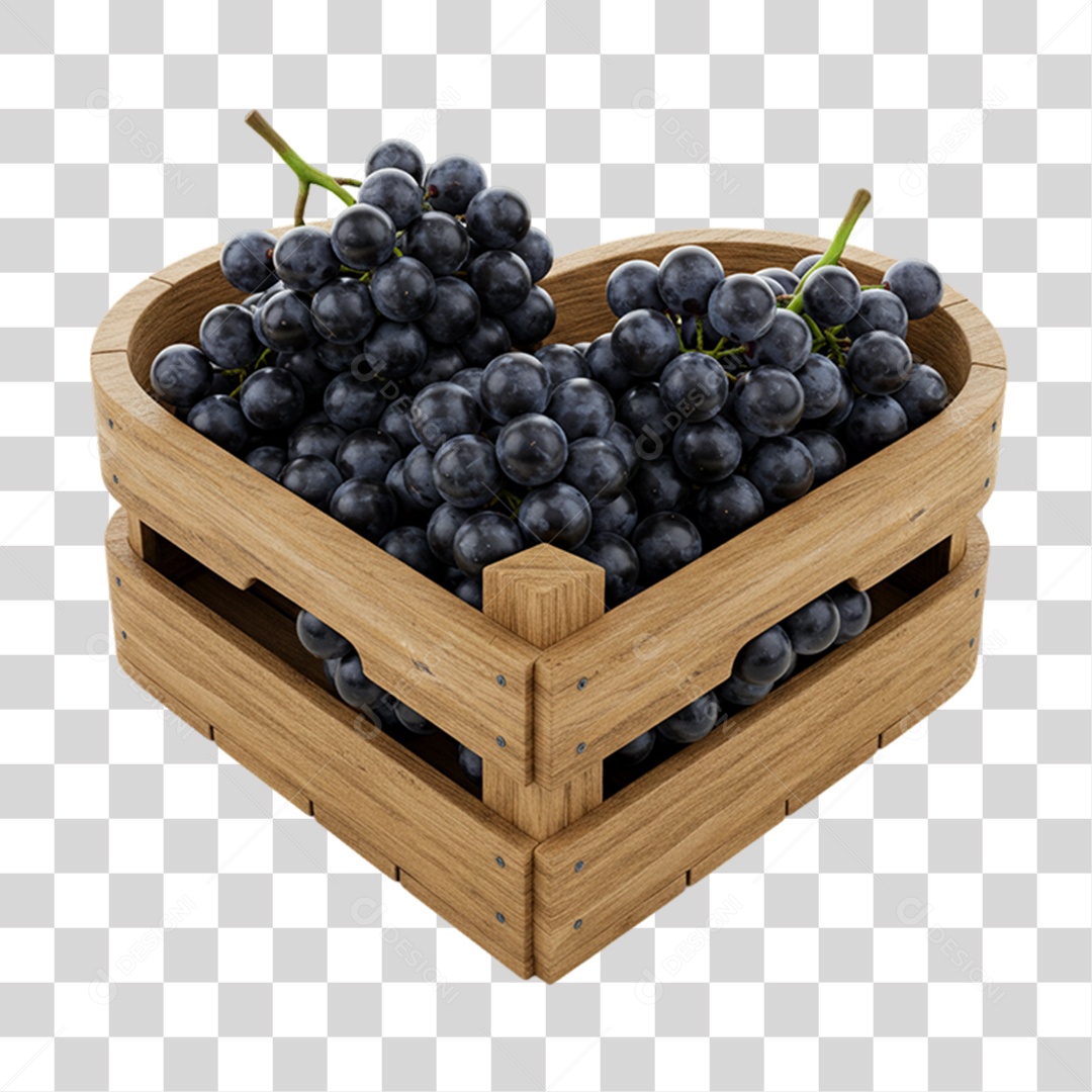 Caixa de Madeira com Cachos de Uvas PNG Transparente