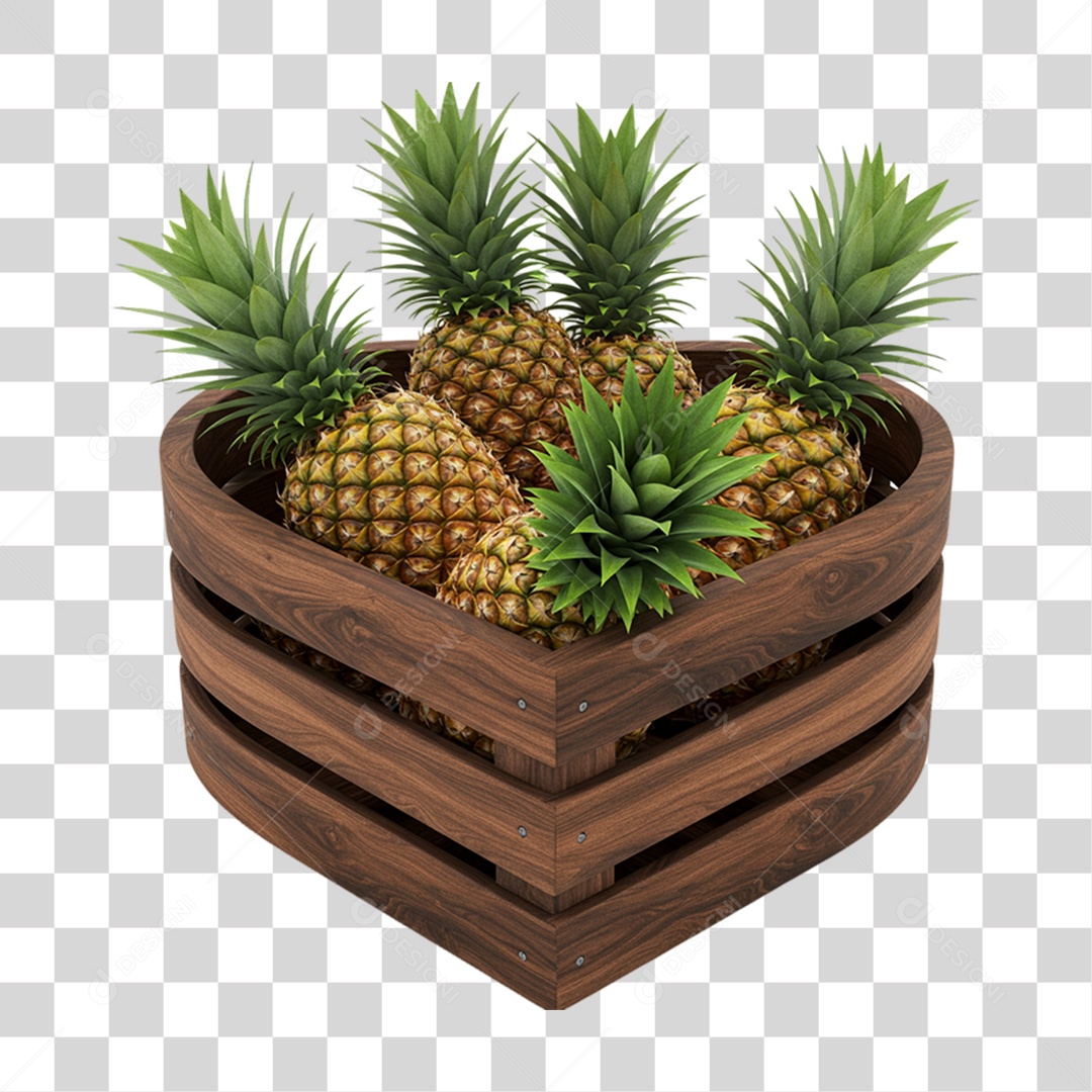 Caixa de Madeira com Abacaxis PNG Transparente