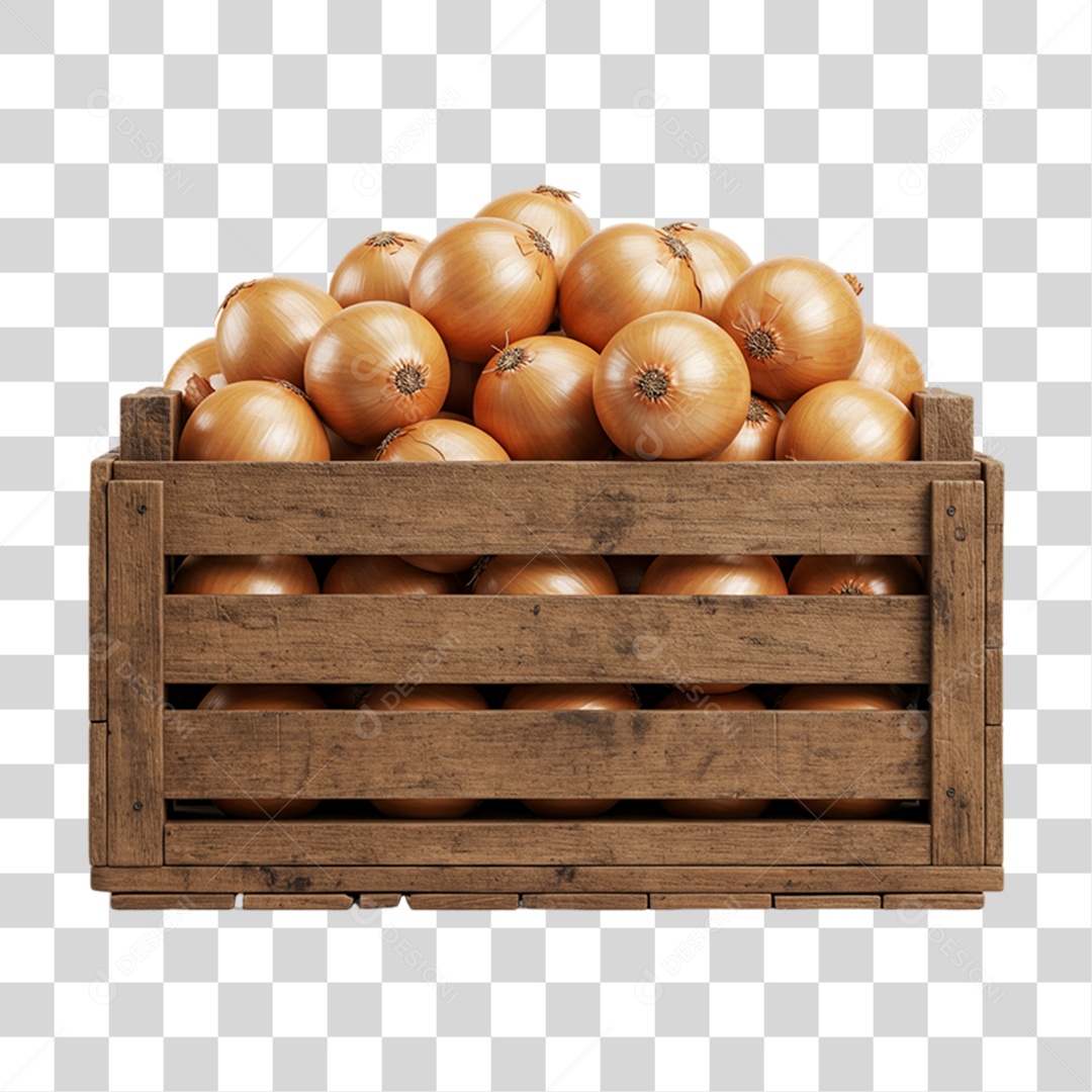 Caixa de Madeira com Cebolas PNG Transparente