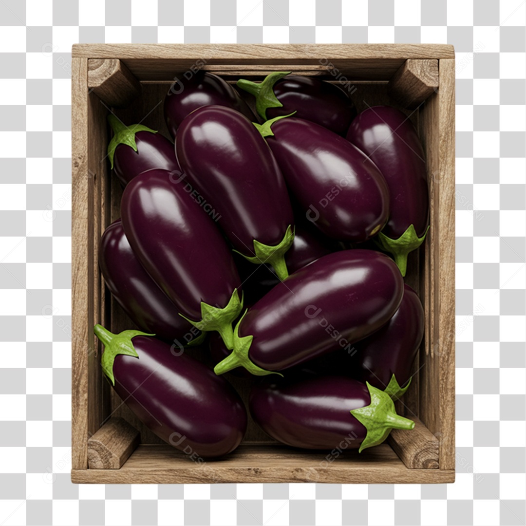 Caixa de Madeira com Berinjelas PNG Transparente