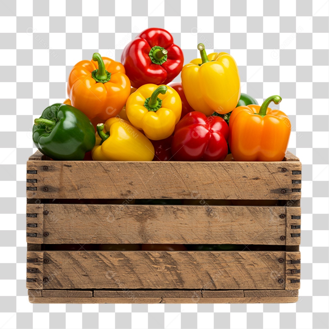 Caixa de Madeira com Pimentões PNG Transparente