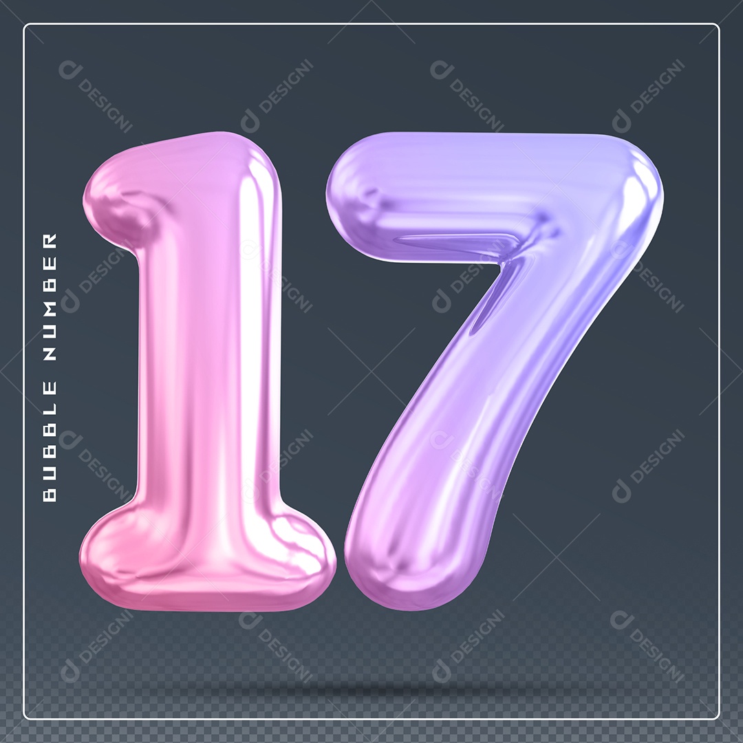 Elemento 3D Número 17 Colorido para Composição PSD