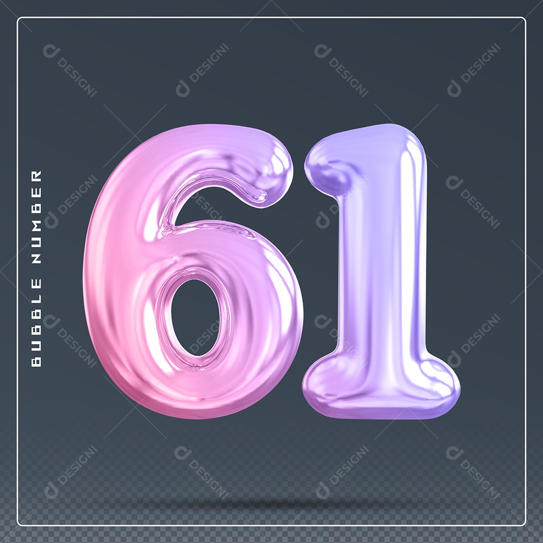 Elemento 3D Número 61 Colorido para Composição PSD