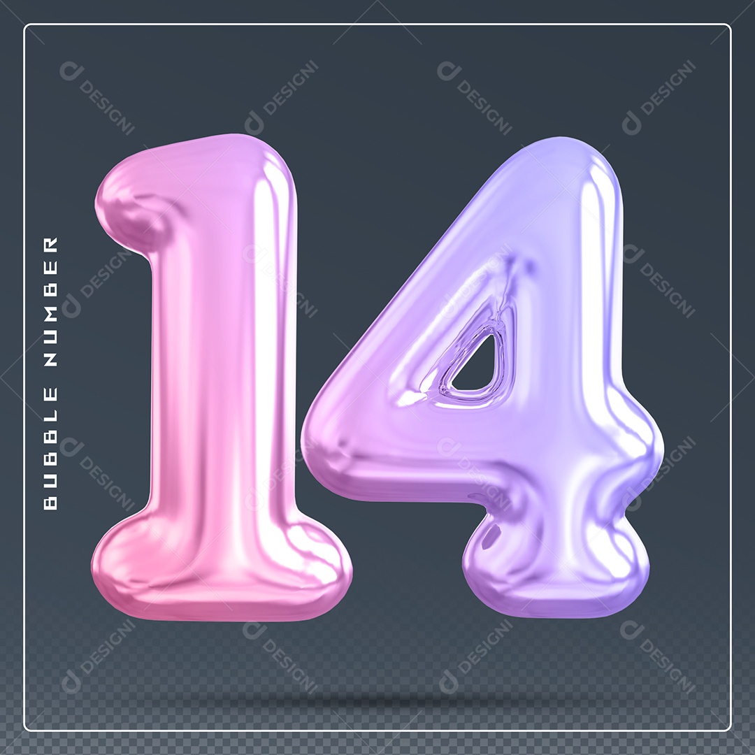 Elemento 3D Número 14 Colorido para Composição PSD