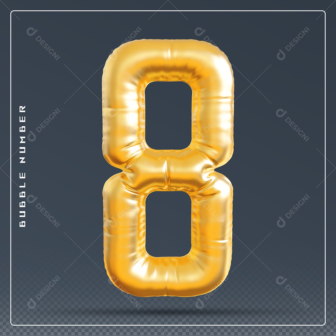 Elemento 3D Número 8 Dourado para Composição PSD