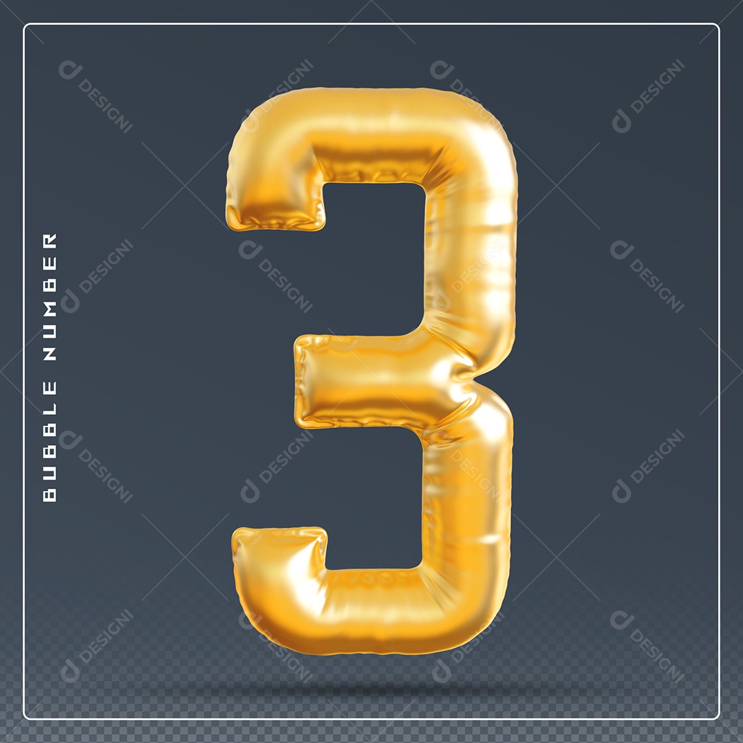 Elemento 3D Número 3 Dourado para Composição PSD