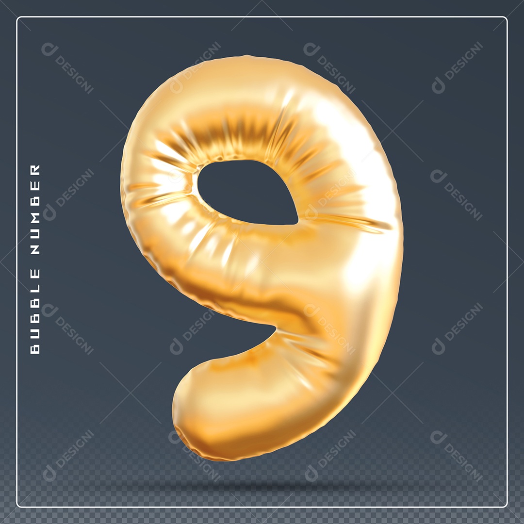 Elemento 3D Número 9 Dourado para Composição PSD