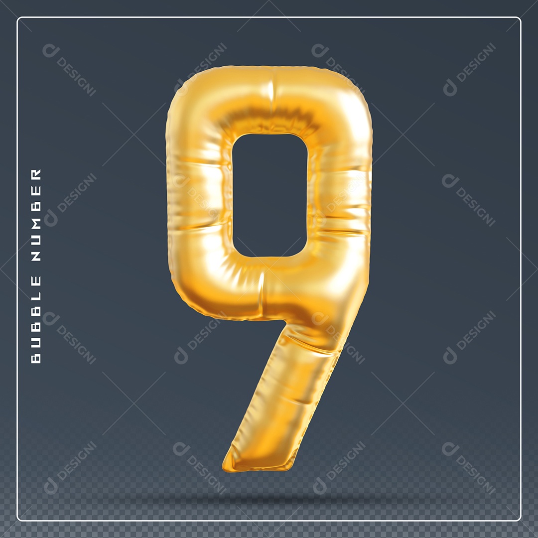 Elemento 3D Número 9 Dourado para Composição PSD